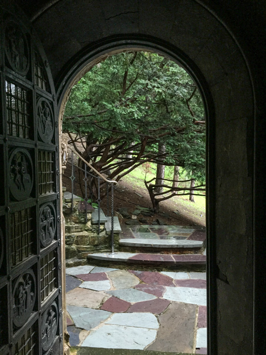 Looking out from inside the crypt at Garrett Chapel