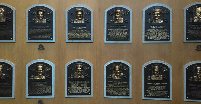 A section of plaques in the Hall of Fame Gallery in the Baseball National Hall of Fame