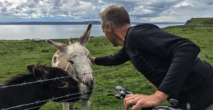 Chris lovin' the donkeys on Rathlin Island