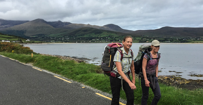 Karen and Julie hiking out of Cloghane. Brandon Mountain continues to be coy in the background - the peak remains shrouded in clouds.