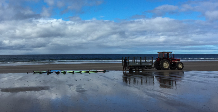 Getting set up for surf lessons, on Fermoyle Beach near Faramore