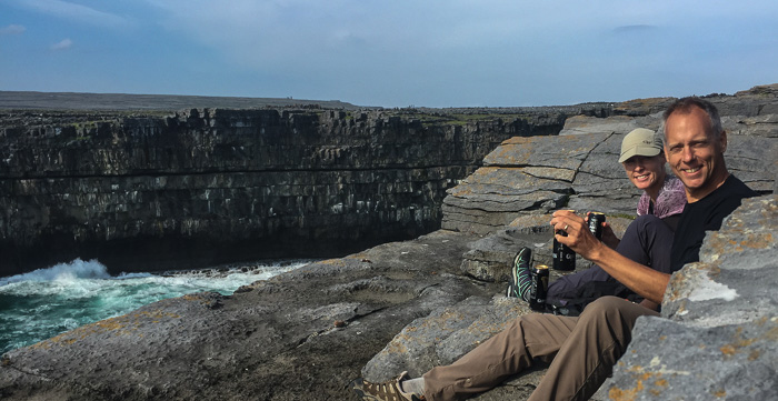 Chris and Julie just outside the Black Fort, toasting an incredible day on Inishmore