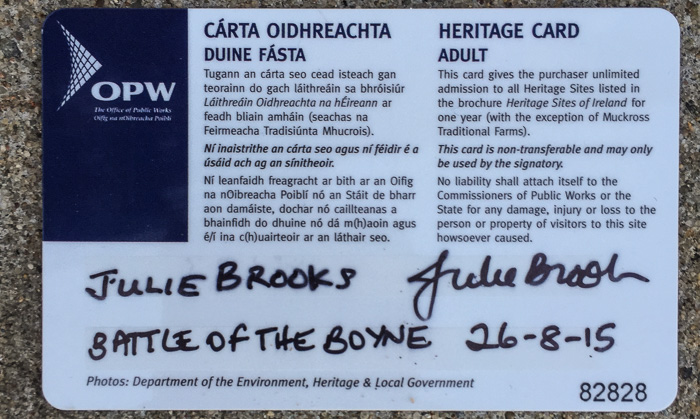 The back of my OPW Heritage Card, first purchased when visiting the Battle of the Boyne