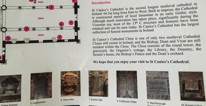 A portion of the helpful information card describing points of interest in St. Canice's Cathedral