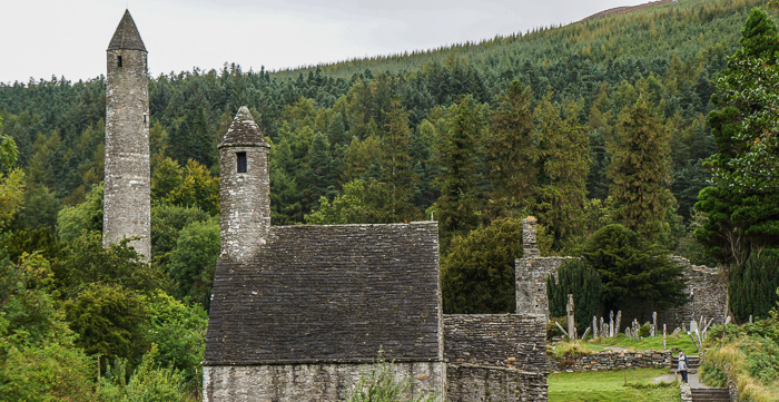 A few of the monastic ruins at Glendalough: the round tower, St. Kevin's church, and the cathedral