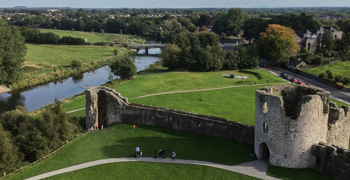 View from the top of Trim Castle. In this direction, we are looking down on the River Boyne, castle walls, and barbican.