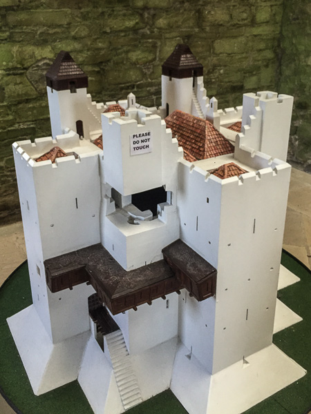 A model of Trim Castle. Note the "hoards", defensive wood balconies projecting out from the castle's stone walls.