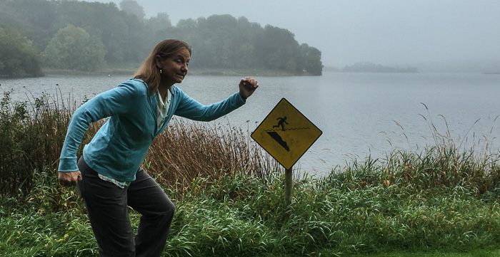 Ireland delivers yet another enigmatic caution sign! Karen is getting a running start to see if she can walk on water like the little warning guy.