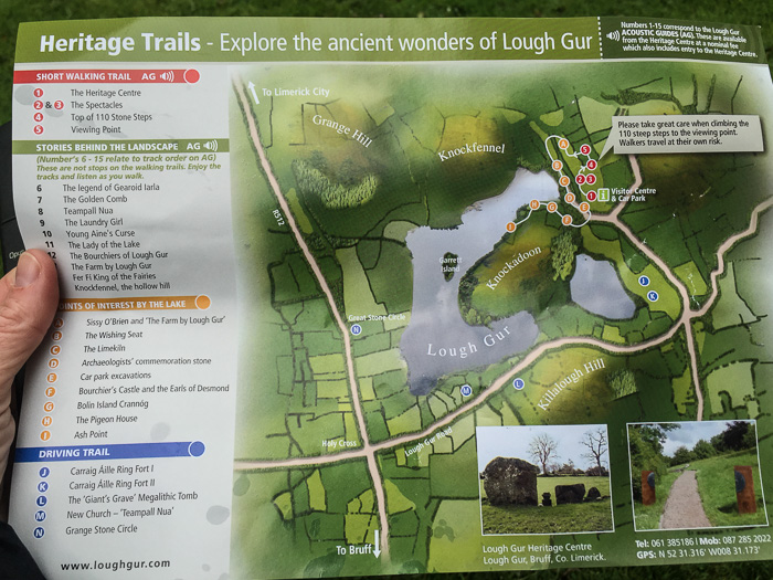 The Lough Gur trail map. As noted, numbers 1-15 correspond to an acoustic guide for rent in the Heritage Centre. It's worth the rental fee just to hear the 10 stories of fantastical folklore associated with Lough Gur. 