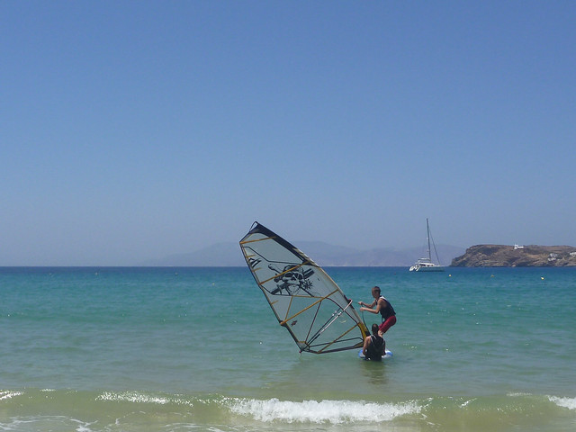Windsurfing at Ios (note our catamaran anchored in the bay).