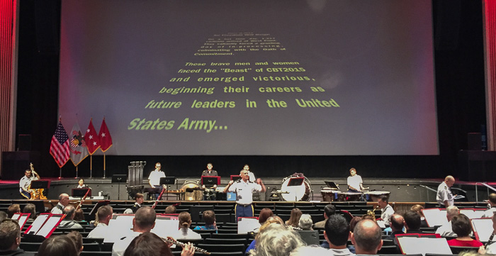 The "Core of the Corps" presentation with the West Point Band. Note how the band is spread throughout the auditorium and spectators are sitting in their midst.