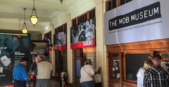 The Mob Museum lobby. Note the Post Office boxes to the left of the ticket window.