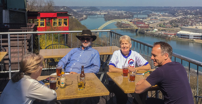 Enjoying a drink overlooking Pittsburgh. See the cute Incline car in the background?