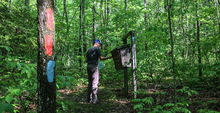 The south trail register box for the Huckleberry Bog Loop. This shot was taken at the end when we were returning our nature guide.