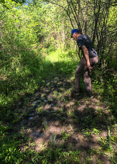 Chris try to avoid a particularly muddy spot on the trail