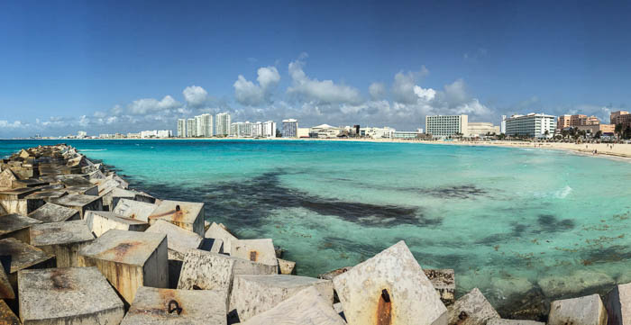 Looking at Cancun's Hotel Zone from the jetty 