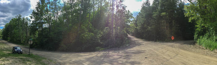 A pano showing Two Rod Road and Hungry Hollow Road. I'm parked on Two Rod. From that spot, take a left onto Hungry Hollow (the middle road pictured) to pick up the trail.