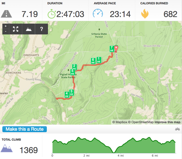 My Runkeeper summary data. Note the big elevation dip / climb at the halfway mark! 