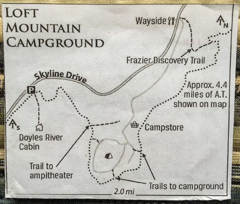 The little 3-inch Loft Mountain map we carried. See how the AT winds around the campground? We shopped at the camp store and then cut straight across to pick up the AT on the other side.