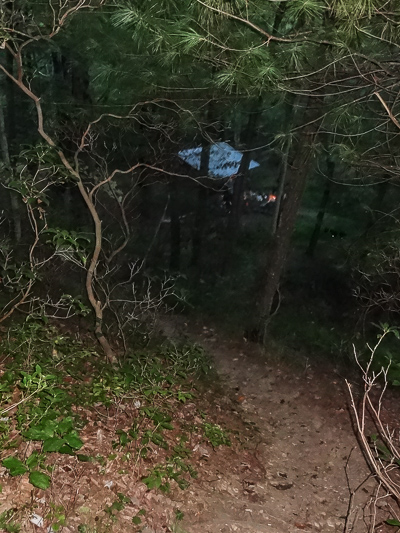 This shot is taken from our tent site, looking back down the hill at Pinefield Hut and fire pit.