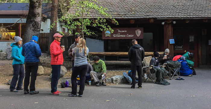 Barely awake and waiting in line at the Yosemite Wilderness Center for first-come first-served wilderness permits.