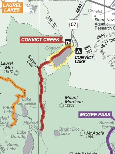 A Convict Lake trail map. We followed the 3-mile trail around the lake; our path is highlighted in yellow. Map courtesy of the Forest Service/Inyo National Forest.