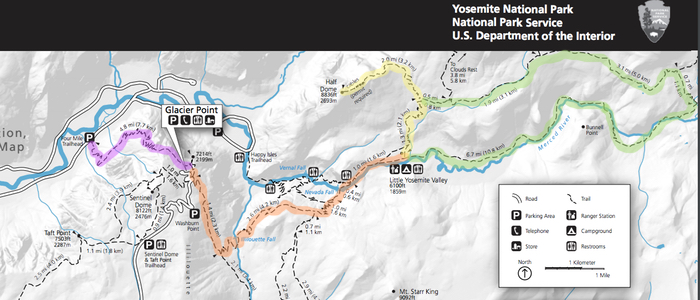 The trails we hiked in Yosemite: Four Mile Trail (purple), Panorama Trail and John Muir Trail (orange), Half Dome Trail (yellow), and the Moraine Dome Loop (green).