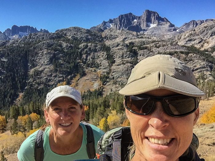 Karen and Julie on the Thousand Island Lake hike, with the Minarets, Ritter and Banner in the background