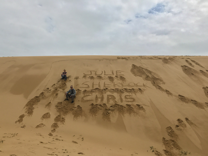 A cut pic, totally Sherlock's idea! The footprints to the right note where we all hurtled down the dune in bounding leaps, also at Sherlock's urging. I think fun follows wherever Sherlock leads.