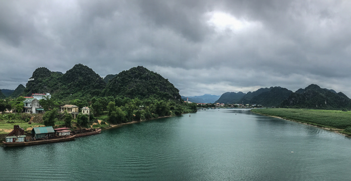 Our first glimpse of Phong Nha Ke-Bang National Park. With overcast skies and flat light this pic doesn't do the place justice. It is drop- dead gorgeous with rich deep greens, expansive rice paddies, and lush foliage draped over rugged, rocky hills.