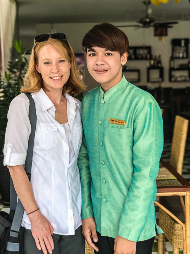 Julie with Savat, our waiter every morning at the Rei Angkor Boutique in Siem Reap.