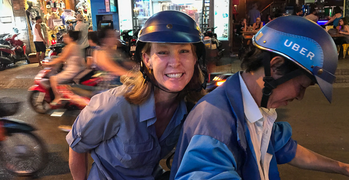 We took Uber moto a few times in Ho Chi Minh City. So fun!! These short rides didn't bug me too much, but I needed eye protection for longer trips. Sunglasses didn't work well at night!