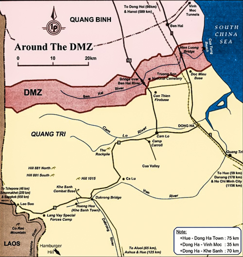 A map showing the many military sites to visit near Vietnam's old DMZ (demilitarized zone). This image is a screenshot from teachertrekker.com