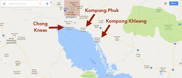 Sites for floating village tours near Siem Reap on the Tonle Sap. The shaded red box highlights Siem Reap and the Angkor temple complex to the north. Note that Kompong Khleang is the furthest (and quite a drive) from Siem Reap.