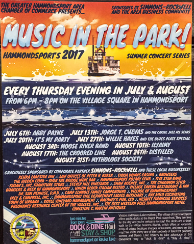 The 2017 schedule for Hammondsport's Music in the Park.