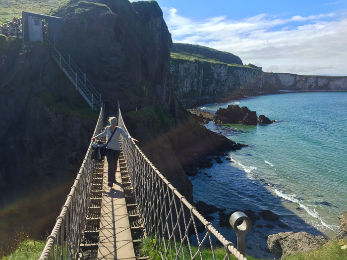 Julie crossing the rope bridge at Carrick-a-Rede