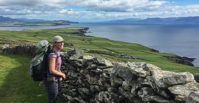 Julie enjoying the view from the Dingle Way on the way to Dunquin