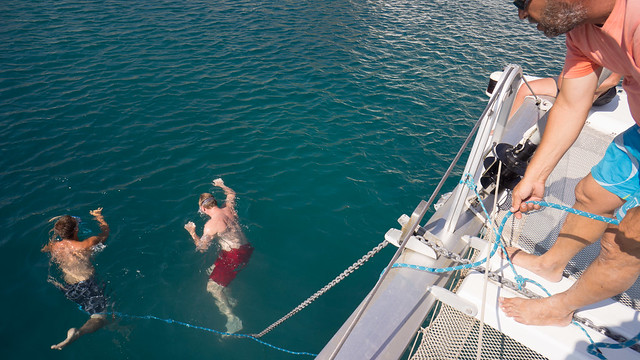 Jacob and Dave working to free the fouled anchor lines - in Mykonos