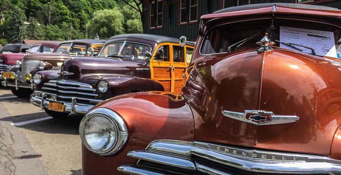 Woodie cars at the antique boat show in Hammondsport