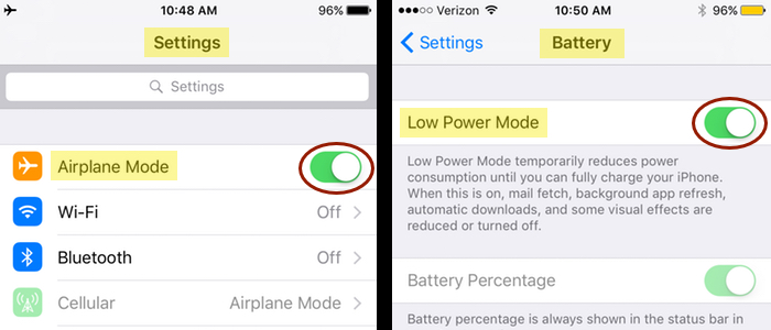 The "nuclear option" to minimize battery drain: Turn on Airplane Mode and Low Power Mode