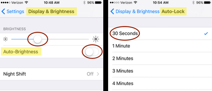 Minimizing brightness and screen time-out can slow battery loss.
