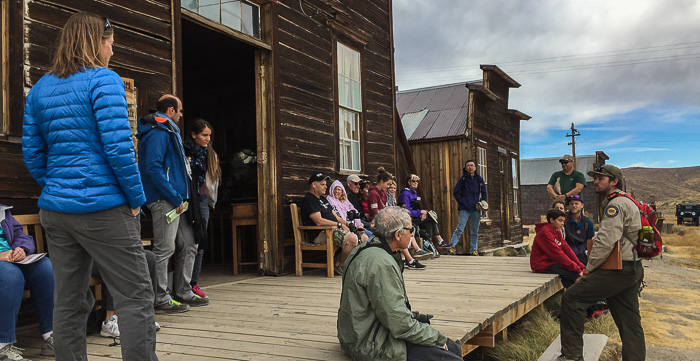 Assembled on the Bodie Museum porch, learning about the town's history from park service personnel.