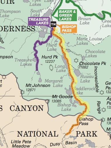 The Bishop Pass trail map. We followed the Bishop Pass Trail to the pass; our route is highlighted in yellow. Map courtesy of the Forest Service/Inyo National Forest.