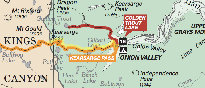 Kearsarge Pass trail map. We followed the Kearsarge Pass Trail to the pass; our path is highlighted in yellow. Map courtesy of the Forest Service/Inyo National Forest.