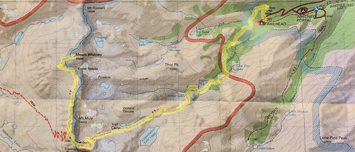 Whitney Trail map with path highlighted in yellow.