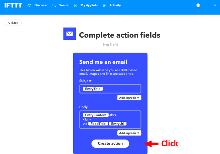 The auto-generated fields should be fine. Just click "Create action"